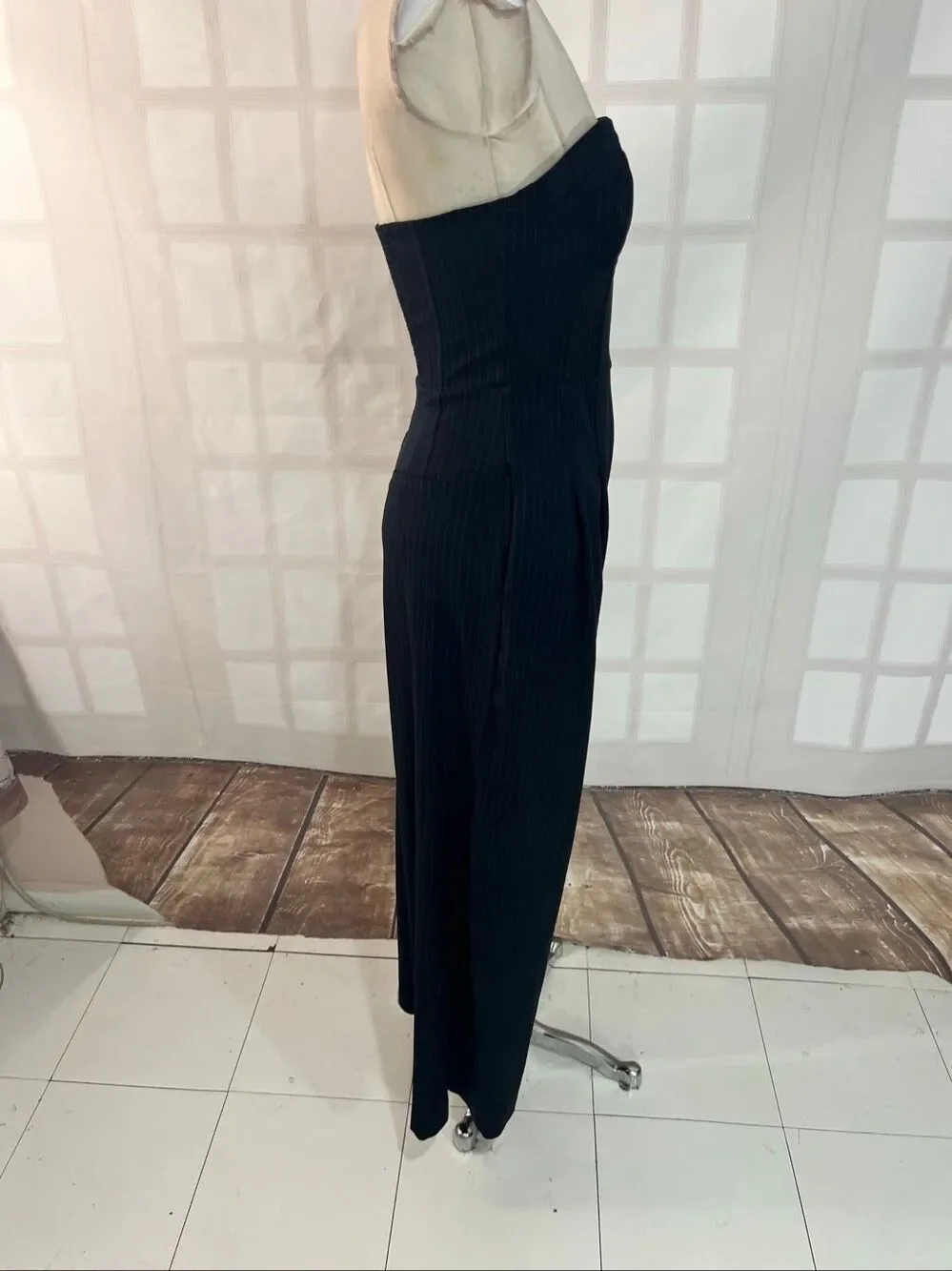 Anthropologie Dark Navy White Tailored Wide Leg Corset Pinstripe Jumpsuit Size 2